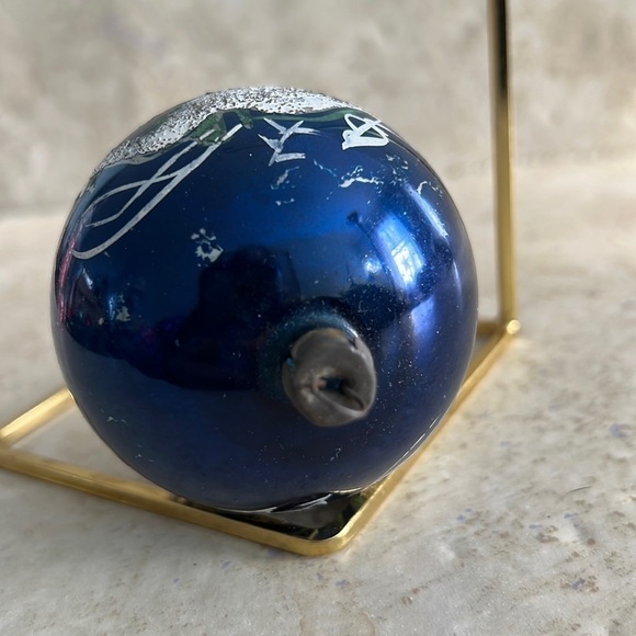 Old Vintage Christmas Ornament Hand Painted Cottage with Mica Sparkle Blue - Picture 4 of 5